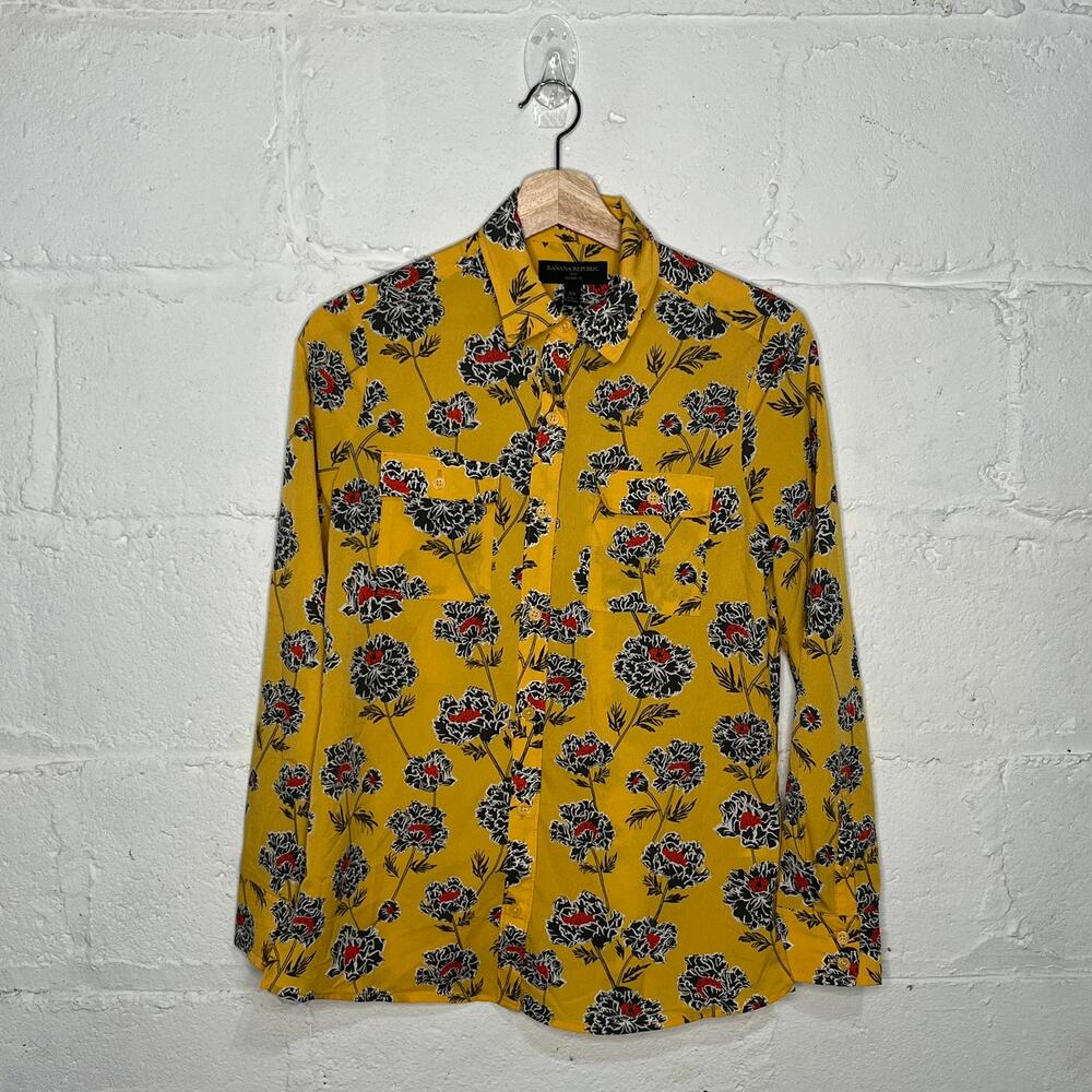 Banana Republic Women's Yellow Floral Long Sleeve Collared Shirt Size XS